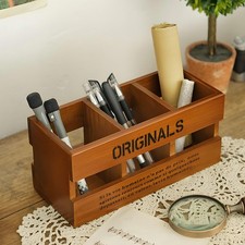 Wooden Pencil Pen Pot Holder Desk Organiser Stationery Storage Box Office Tidy