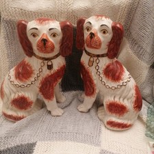 Vintage Staffordshire Ware Kent Spaniel Dogs – Pair Red &white  17 cm England
