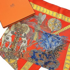 MINT Vtg HERMES Carre 90 Silk Scarf "Les Legendes de l'Arbre" w/Box Vermilion