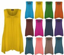 Women Ladies Hanky Hem Sleeveless Flared Jersey Long Tunic Flared Swing Vest Top
