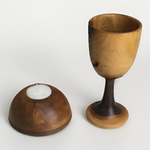Turned wood candle holder - wood,