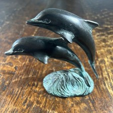 Vintage Bronze Metal Dolphins Sculpture Statue 6" Patina
