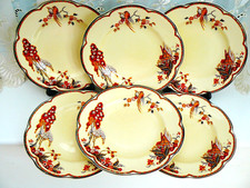 6 x WOODS IVORY WARE  * ART DECO *SALAD PLATES 22.5cms * SYLVANIA * BIRDS /FLORA