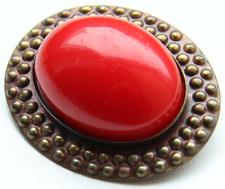 Vintage Copper Brooch Pin With Red Decor 13.5 gram