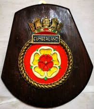 HMS Cumberland Ship Crest Plaque Badge, Hand-Painted, Solid Mahogany Mount, 288g