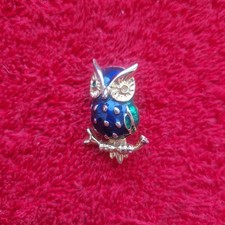 Vintage Enamel Owl Brooch Blue