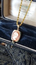 Vintage 1950-s Rolled Gold Cameo Pendant on Modern 18 inch Chain