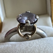 Authentic Sterling Silver Pandora Ring 2 Tone 14kt Amethyst 0.01 Ct Diamond Rare