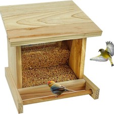 Wooden Bird Feeder Hopper w/ Perch Stand Holder Bird House Feeder Squirrel Proof