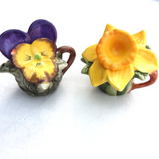 Pair of Hand painted Floral Jug Vases Daffodil and Pansey 8cm height approx