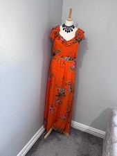 Next By Love & Roses Orange Metallic Frill Cut Out Midi Dress Uk 14