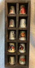 Vintage 10 Porcelain Ceramic Thimbles Dark Wooden Rack 8”x 3”x 1.5” Floral Etc