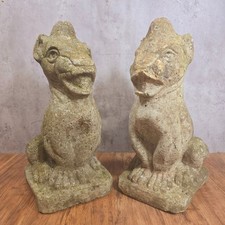 Pair Concrete Garden Gargoyles Beasties Vintage Weathered Worn. Foo Dogs? Lions?