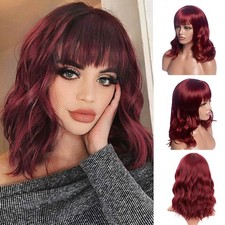 Women Ladies Red Short Curly Wig Natural Bob with Bangs Wavy Hair Cosplay Wig