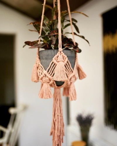 Pink macrame plant hanger - pink,