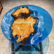 Round Blue Epoxy Coffee End Dining Table Walnut Acacia Wood & Custom Furniture