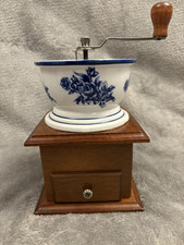 Vintage Rustic French Blue & White Floral Ceramic & Wood Coffee Grinder Cottage
