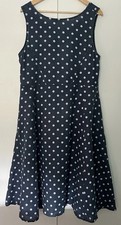 “Luca Vanucci” Blue White Polka Dot Linen Sleeveless Dress, Pockets (size 16/L )