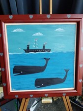 naive folk art whales Inthe ocean  with steam boat above. nice original painting