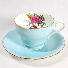 Vtg Aynsley Tea Cup Saucer Light Blue Gold Trim Floral Bone China England 8849