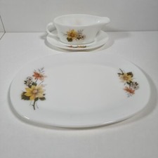 Pyrex JAJ Autumn Glory Gravy Boat and Serving Plate Glass Dinner Set Vintage