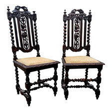 Antique Pair of Victorian Gothic Barley Twist High Back Highly Carved Chairs