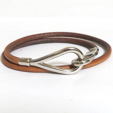 Auth Vintage HERMES Jumbo Double Wrap Bracelet Brown Leather Silvertone Metal T4