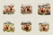 HIGHLAND COWS CUSHION PANELS and by the Metre Linen Look Cotton Fabric