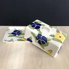 Studio Pottery Spongeware Butter Dish Blue Yellow Floral Emma Bridgewater Style