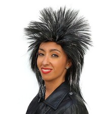 Rock Star Black Wig Silver Tinsel Punk Rocker Superstar 80s Long Hair Jett Spike