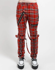 Men's Red Tartan Plaid Pants Punk Gothic Slim Fit Checkered Casual Trousers