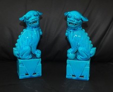 Pair of  Chinese Turquoise/Blue Glazed Pottery Foo or Lion Dogs 6"
