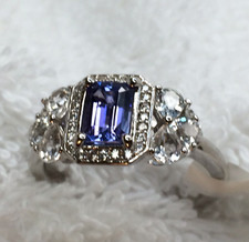 .96ctw emerald cut tanzanite .85ctw white topaz .17ctw white zircon Silver ring