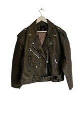 Mango NWT Vegan Faux Leather Biker Jacket Distressed Green Grey Size M 12 10