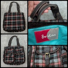 Boden Wool Plaid Tote Bag With Buckle Pockets & Leather Shoulder Strap Brown