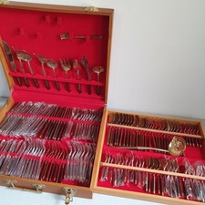 142 Piece Cutlery Canteen Teak Brass Service for 12 Thailand Mid Century 60s