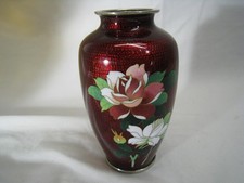 Vintage Japanese Cloisonne Vase Red Floral Enamel M Mark Made in Japan Peony