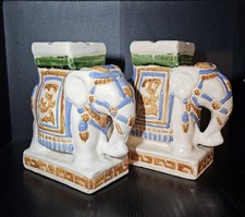 Pair of Vintage Enamelled Mid Century Ceramic Elephants Bookends Figurines