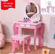 Kids Dressing Table, Girls Vanity Set w/ Mirror and Stool, Unicorn-Designed