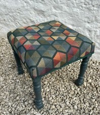 Vintage Retro Geometric Footstool – Green Trim, Reclaimed Legs, 40x40x42 cm