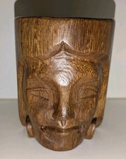 LOVELY VINTAGE HAND CARVED 5" WOODEN FIGURAL TIKI FACE HEAD MUG CUP - SCULPTURE 