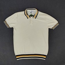 NWT OXKNIT Mens Polo Shirt Strip Knit Cream Sz (L)  60s Mod Style Retro Preppy