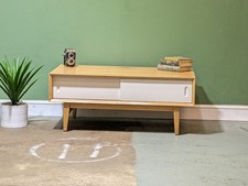 Contemporary Modern Oak Coffee Table Mid Century Danish Style Storage White Door