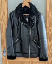 COST £90 - NEW - WALLACE BLACK FAUX LEATHER AVIATOR JACKET UK SIZE 10