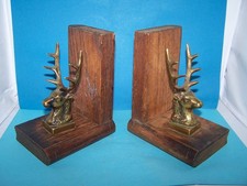 Antique Bookends - Vintage Wooden Book Ends With Brass Stag Heads : Christmas