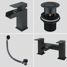 Black Mono Waterfall Basin Bath Tap Mixer Square Modern Faucet inc Plug & Waste