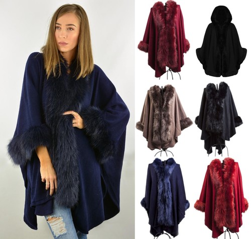 Womens faux fur trim poncho - faux,
