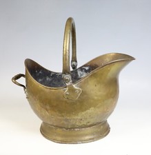 Antique Hammered Brass Helmet Coal Scuttle / Log Bin / Fireside Bucket