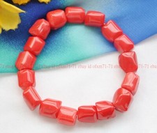 Natural Red Coral Cylinder Barrel Gemstone Beads Elastic Bracelet 7.5''