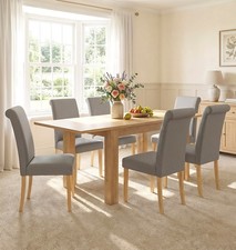 Dining Table Set, Oak Flip Top Extending Table with 6 Grey Roll Top Chairs